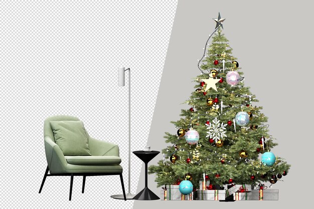 Weihnachtsbaum, geschenke und sessel in 3d gerendert