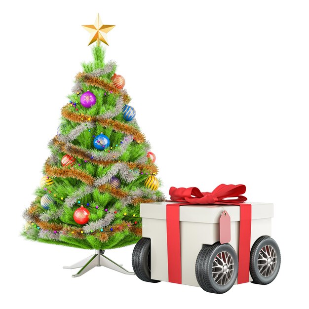 Weihnachtsbaum mit Geschenkkiste auf Rädern schnelles Geschenklieferungskonzept 3D-Rendering isoliert auf durchsichtigem Hintergrund