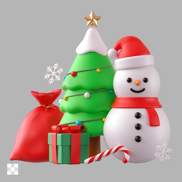 Weihnachtsbaum mit schneemann-geschenkkisten und dekoration 3d-ikonen-illustration