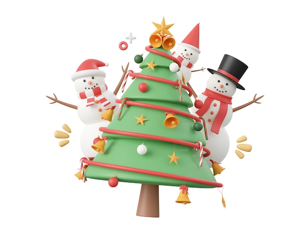 Weihnachtsbaum mit schneemann weihnachtsthemaelemente 3d-illustration