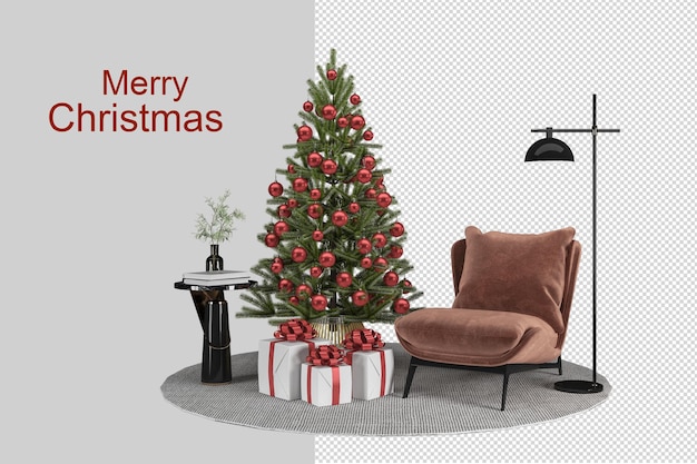 Weihnachtsbaum und bären-teddy-spielzeug-sofa in 3d-rendering