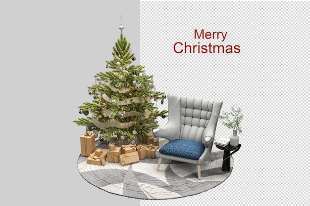 Weihnachtsbaum und bären-teddy-spielzeug-sofa in 3d-rendering