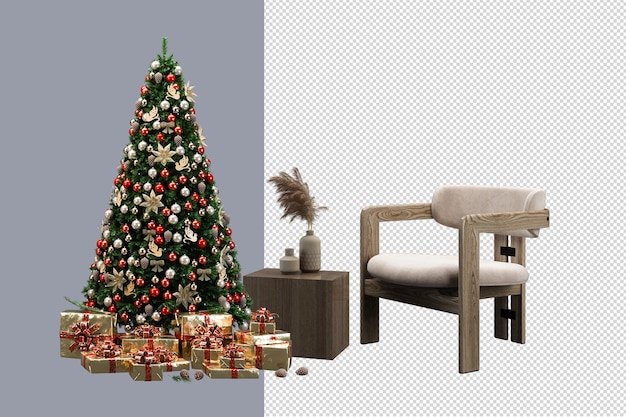 PSD weihnachtsbaum und bären-teddy-spielzeug-sofa in 3d-rendering