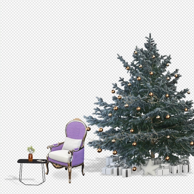 Weihnachtsbaum und moderne sessel in 3d-rendering