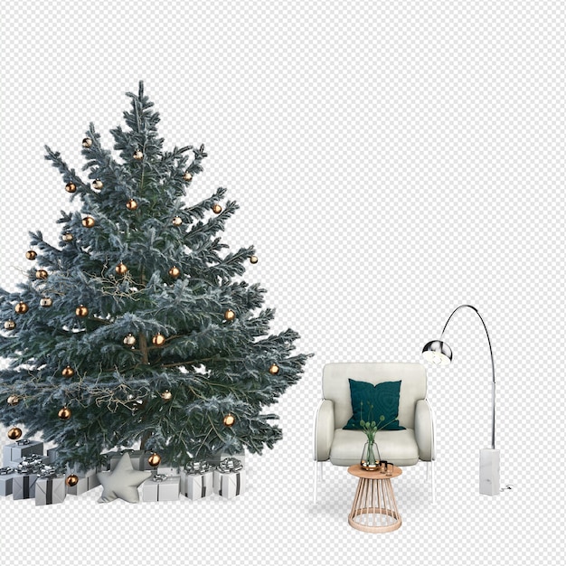 Weihnachtsbaum und moderne sessel in 3d-rendering