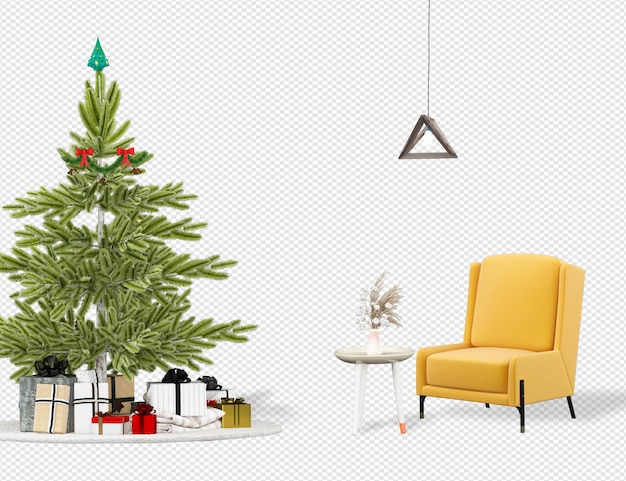 PSD weihnachtsbaum und moderne sessel in 3d-rendering