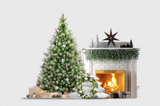 PSD weihnachtsbaum und moderne sessel in 3d-rendering