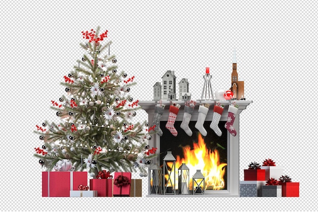 PSD weihnachtsbaum und sessel im 3d-rendering