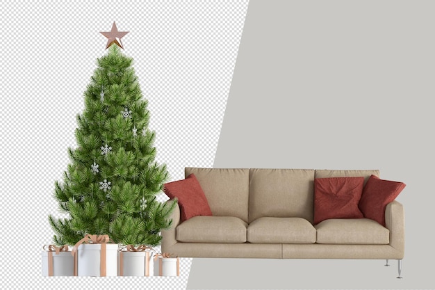 PSD weihnachtsbaum und sessel in 3d gerendert