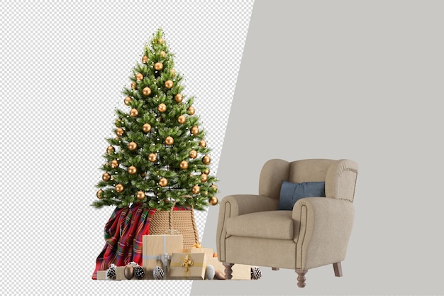 Weihnachtsbaum und sessel in 3d gerendert