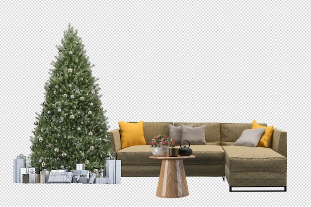 PSD weihnachtsbaum und sessel in 3d gerendert