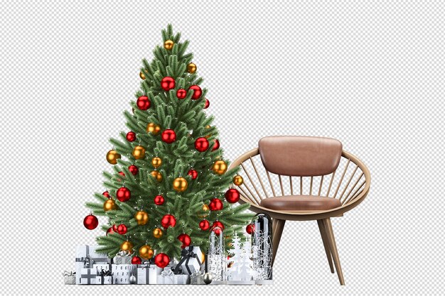 Weihnachtsbaum und sessel in 3d gerendert