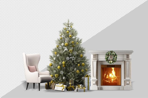 PSD weihnachtsbaum und sessel in 3d-rendering