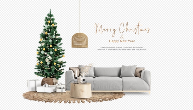 Weihnachtsbaum und sofa in 3d-rendering