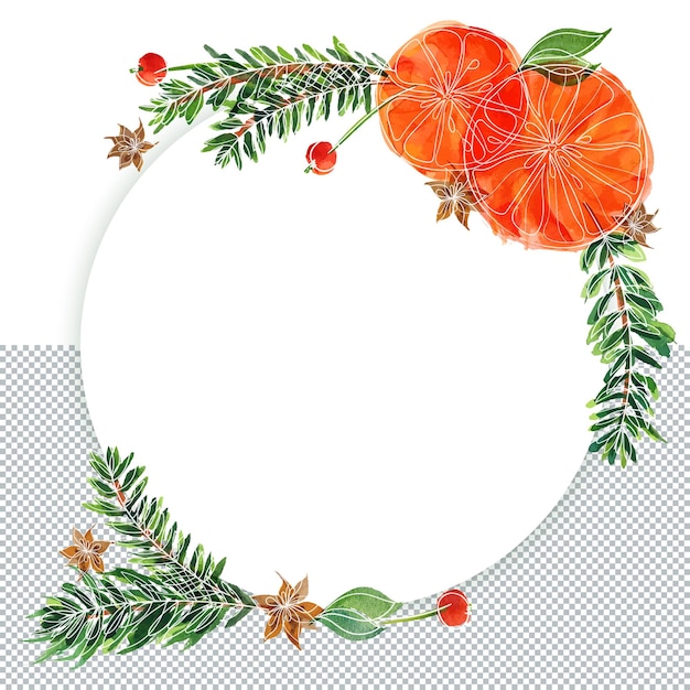 Weihnachtsblumenrunder rahmen mit tannenbaum und orangen