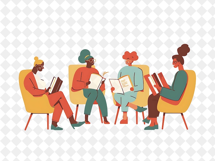 PSD weihnachtsbuch-club mit charakteren, die über feiertagsthemen diskutieren illustration weihnachten-kunstdesign