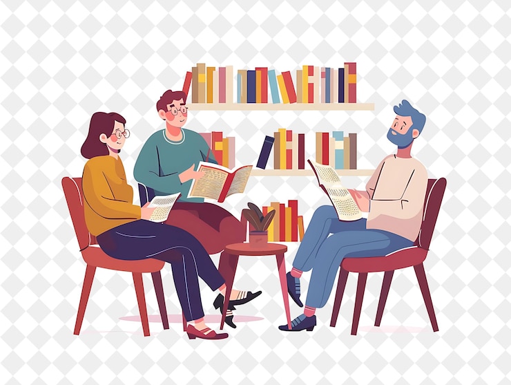 PSD weihnachtsbuch-club mit charakteren, die über feiertagsthemen diskutieren illustration weihnachten-kunstdesign