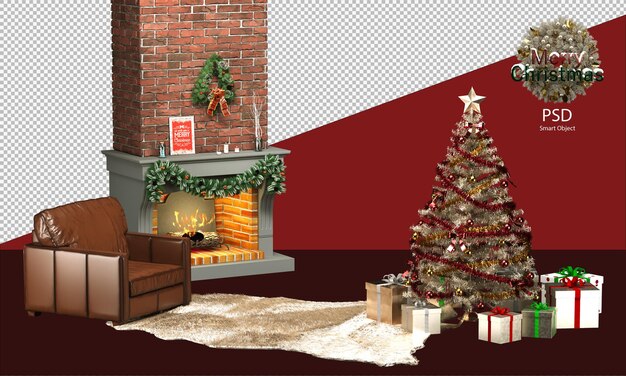 PSD weihnachtsdekoration mit warmen und rustikalen möbeln weihnachtsbaum und geschenkboxen sofakamin