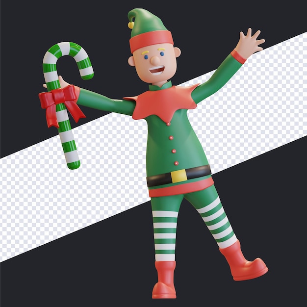 PSD weihnachtself hält zuckertüte mit glücklichem gesicht 3d-render-illustration