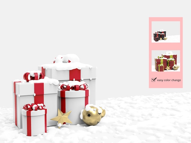 Weihnachtsgeschenkbox und schnee mit verschiedenen dekorationsmodell