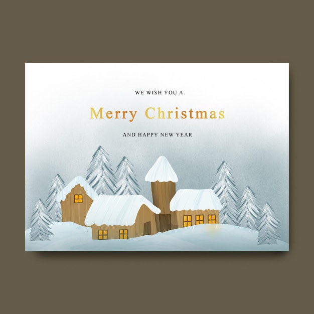 Weihnachtsgrußkarte mit schneelandschaftshintergrund und aquarellarthaus