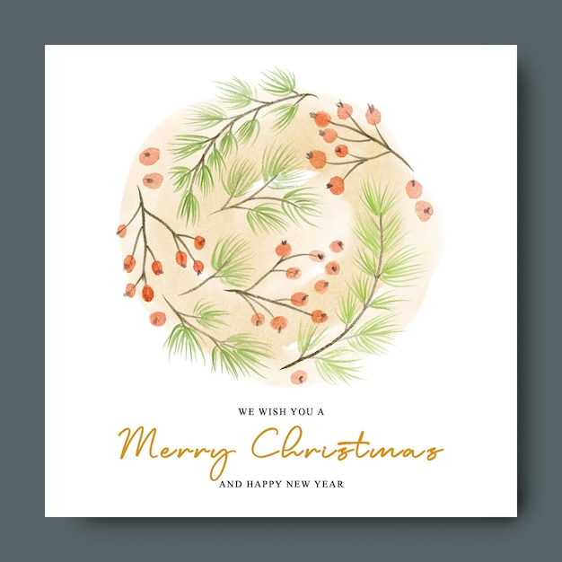 PSD weihnachtsgrußkarte mit tannenzweigen und aquarellroten beeren