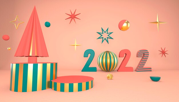 Weihnachtshintergrund mit Weihnachtsbaum und Bühne für die Produktpräsentation. 3D-Rendering.