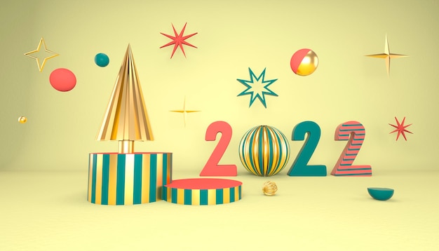 Weihnachtshintergrund mit Weihnachtsbaum und Bühne für die Produktpräsentation. 3D-Rendering.