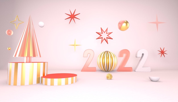 Weihnachtshintergrund mit Weihnachtsbaum und Bühne für die Produktpräsentation. 3D-Rendering.