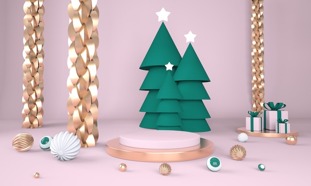 Weihnachtshintergrund mit weihnachtsbaum und bühne für produktanzeige im 3d-rendering