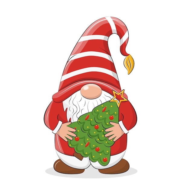 Weihnachtskarte mit einem niedlichen Zwerg und einem Geschenk.