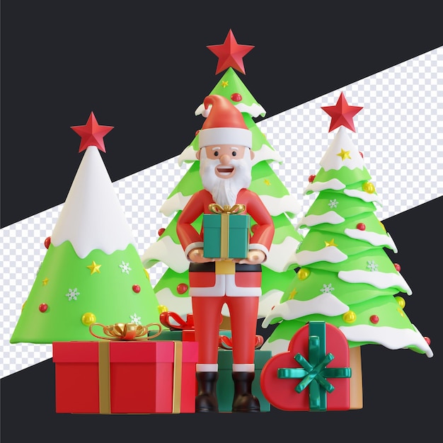 Weihnachtsmann, der geschenkbox mit schneebedecktem kiefernbaumweihnachtshintergrund hält 3d render illustration