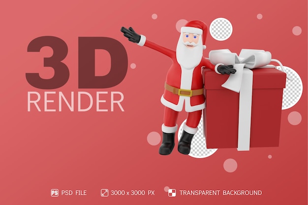 PSD weihnachtsmann mit geschenkbox hebt eine hand 3d charakter isolierten hintergrund