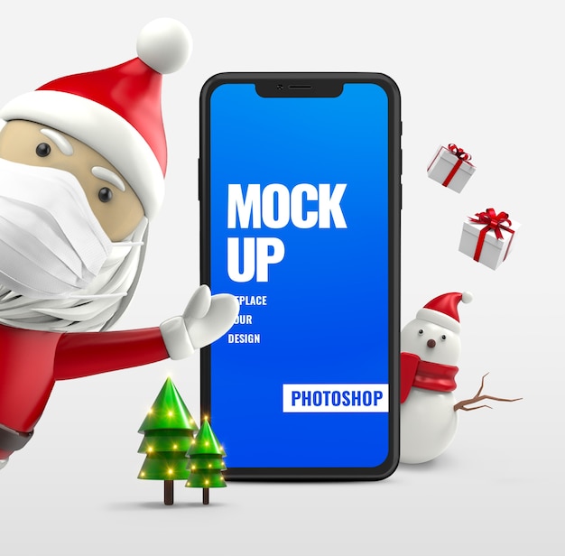 Weihnachtsmann mit schneemann-smartphone-modell