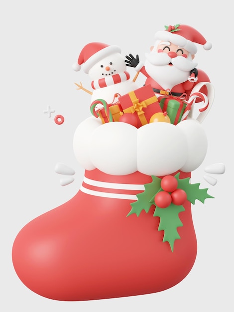 Weihnachtsmann und Schneemann mit Dekorationen in Weihnachtssocke Weihnachtsthemenelemente 3D-Illustration