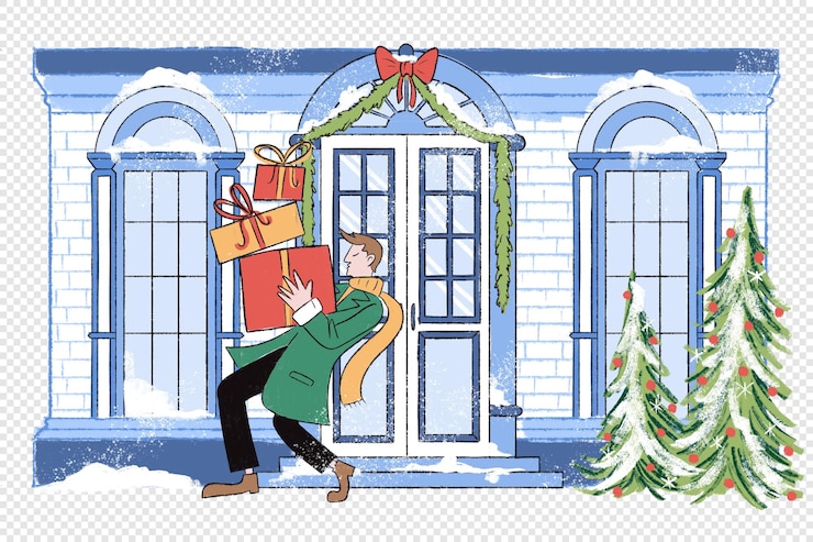 PSD weihnachtsszenen-illustrations-geschenk-tragen in photoshop psd