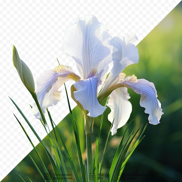 Weiße irisblüten blühen im frühling bei geringer tiefe des feldes und einem verschwommenen, durchsichtigen hintergrund