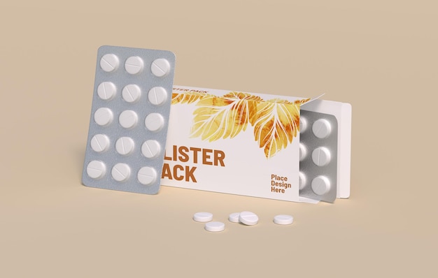 Weiße kreispillen in packung mit zwei blisterpackungen in kartonverpackung mockup-vorlage 3d-rendering