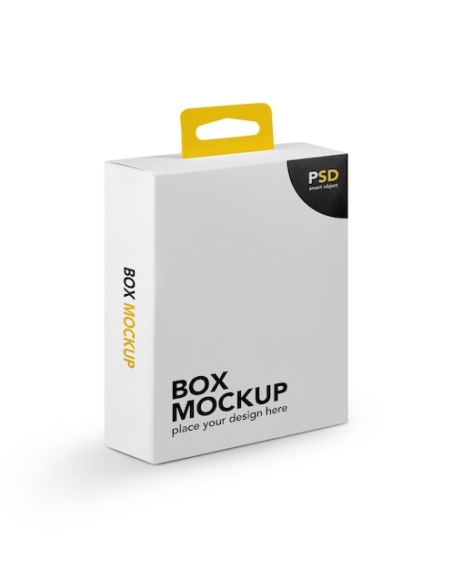 Weiße Mock-up-Box mit Aufhänger isoliert auf weißem Hintergrund