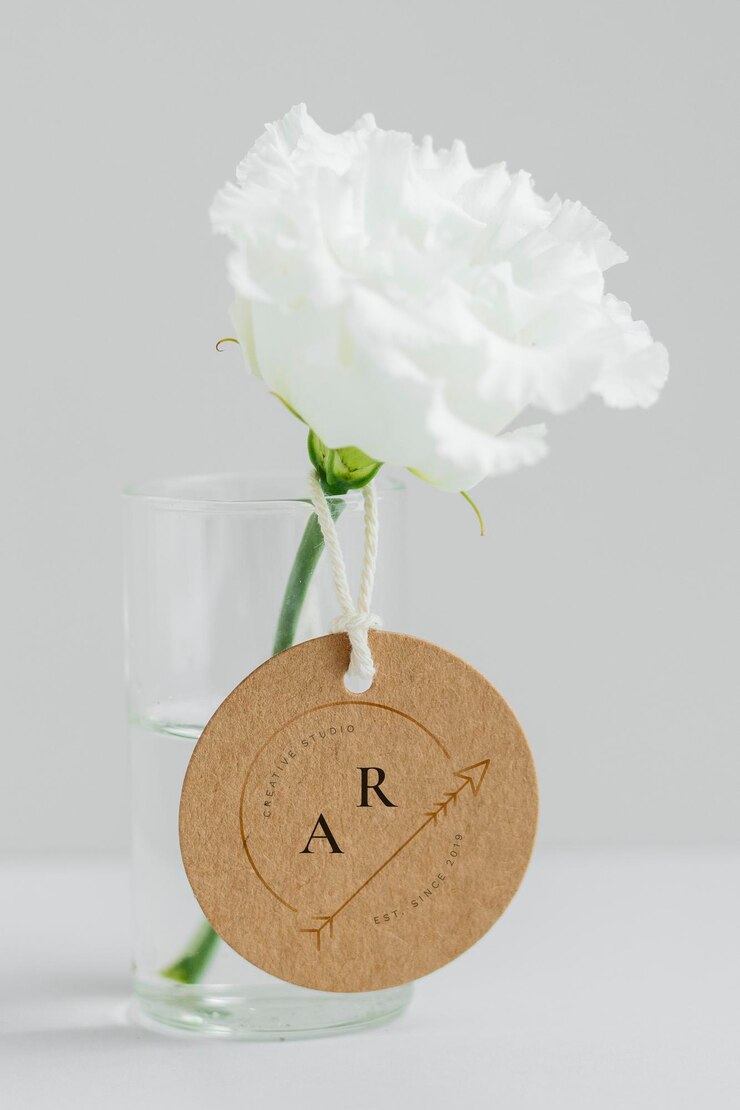 PSD weiße pfingstrose in einer klaren vase mit einem tag-mockup