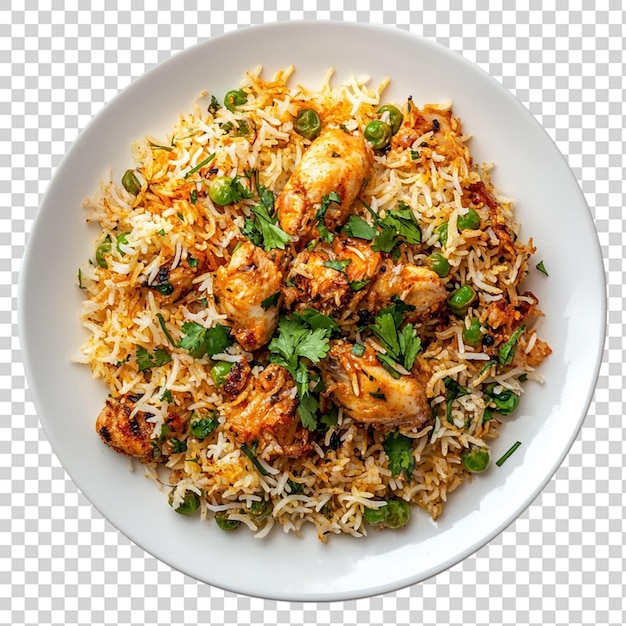 Weiße Platte mit Hühnerbiryani, Top-View, isoliert auf durchsichtigem Hintergrund