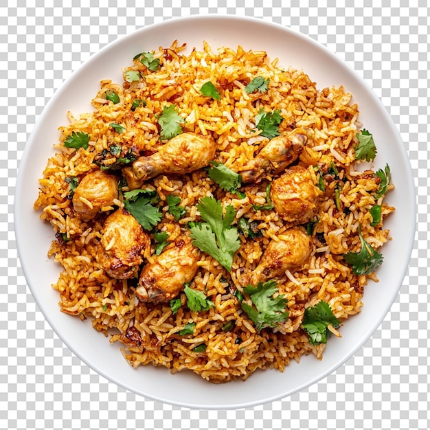 Weiße Platte mit Hühnerbiryani, Top-View, isoliert auf durchsichtigem Hintergrund