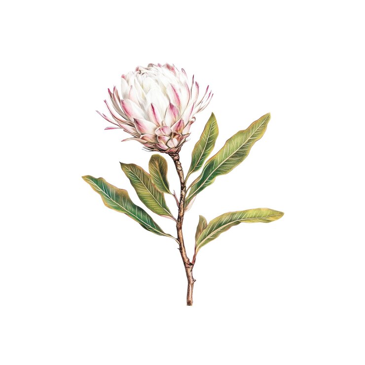 PSD weiße und rosa protea-blüte mit grünen blättern