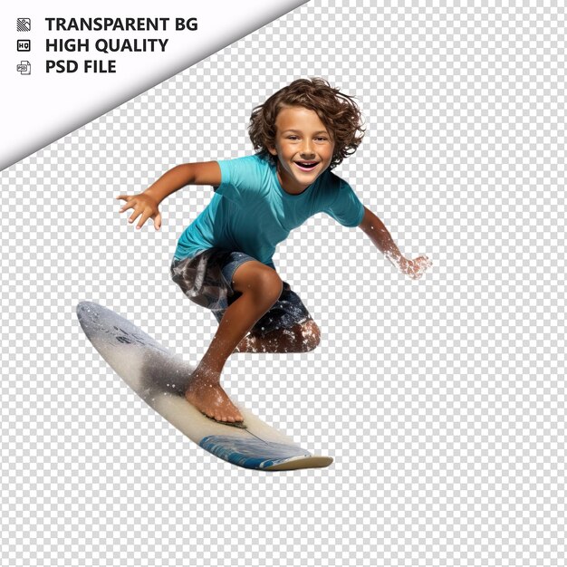 PSD weißer kid surfing ultra-realistischer stil weißer hintergrund