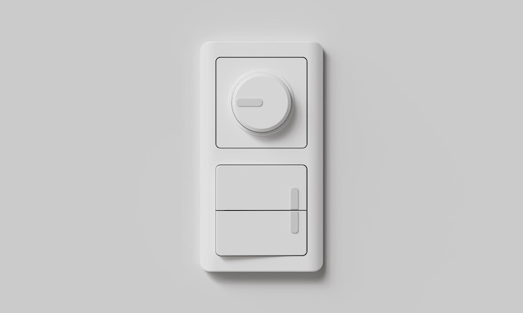 PSD weißer lichtschalter und temperatursteuerung auf weißer wand 3d-rendering