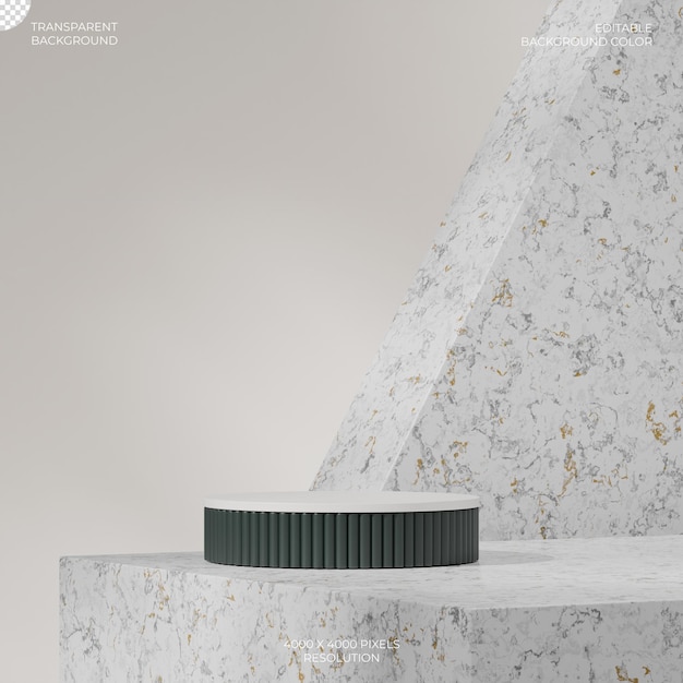weißer Marmor-Tisch 3D-Rendering transparenter Hintergrund von weißem und grünem Zylinder Podium im Quadrat