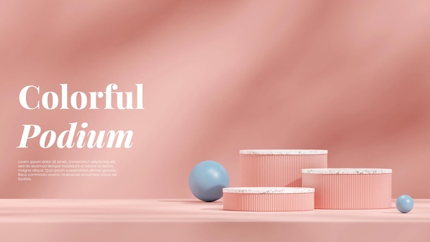 Weißer Marmor und rosa Podium in Landschaft mit blauer Kugel und rosa Wand, 3D-Rendering-Mockup-Raum