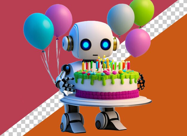 PSD weißer roboter 3d, der kuchen hält