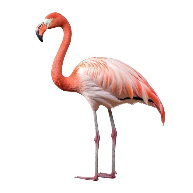 PSD weißer rosa flamingo gekrümmter herzförmiger hals und stehende haltung beine eng, ein bein hoch, isoliert