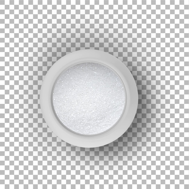 Weißer Topf mit Zucker, isoliert auf einem einfachen Hintergrund, flach gelegenes Konzept